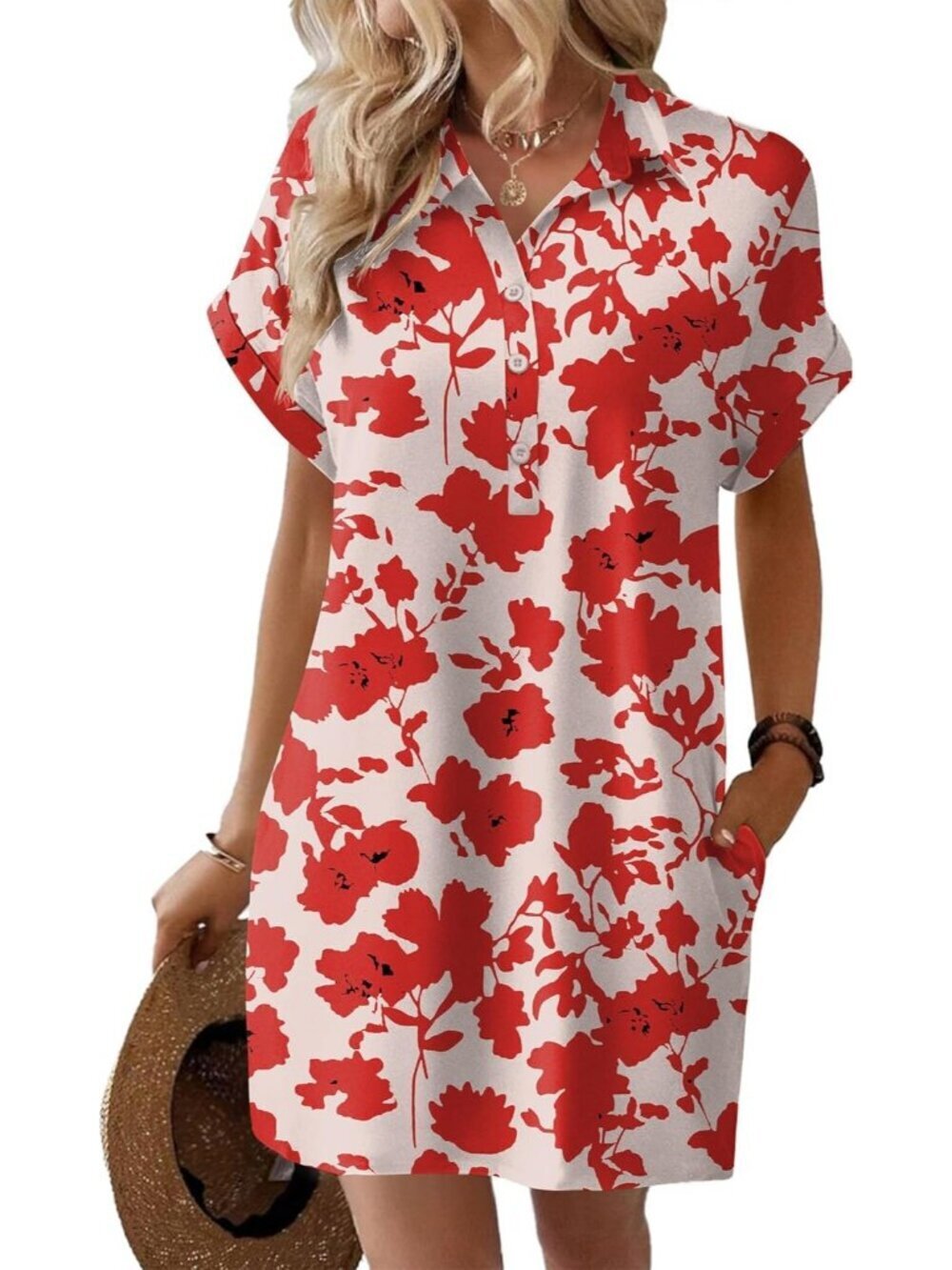 Women's Summer Shirt Dress Short Sleeve Floral Dress with Pocket Red White Sf322